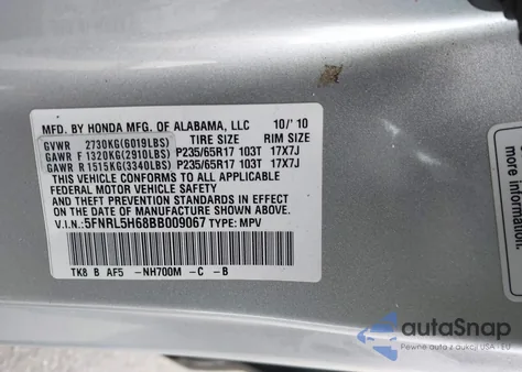 2011 Honda Odyssey Ex-L из США, поврежденный, VIN 5FNRL5H68BB009067